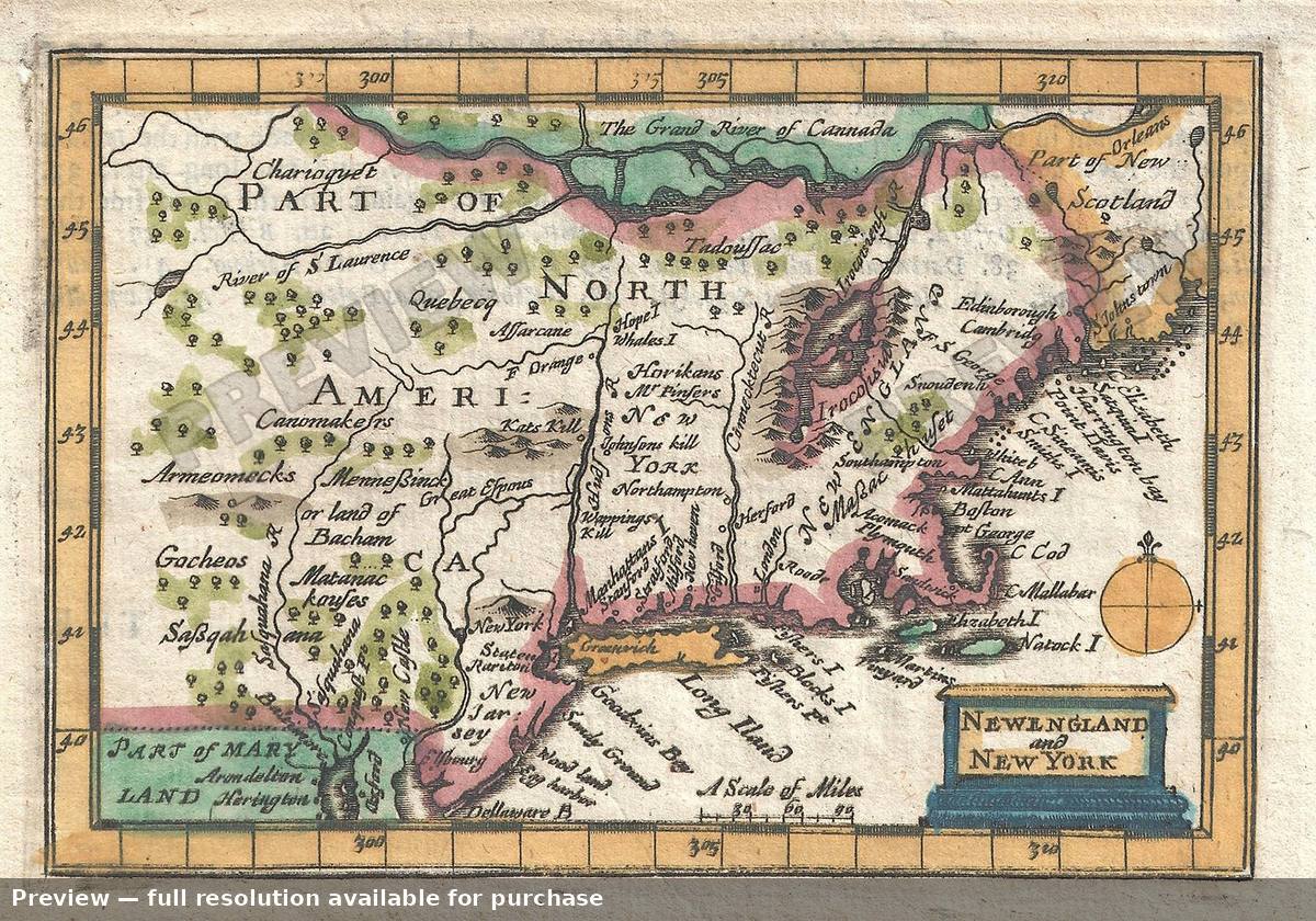 Antique map: New Englandand New York, 1675, 1675