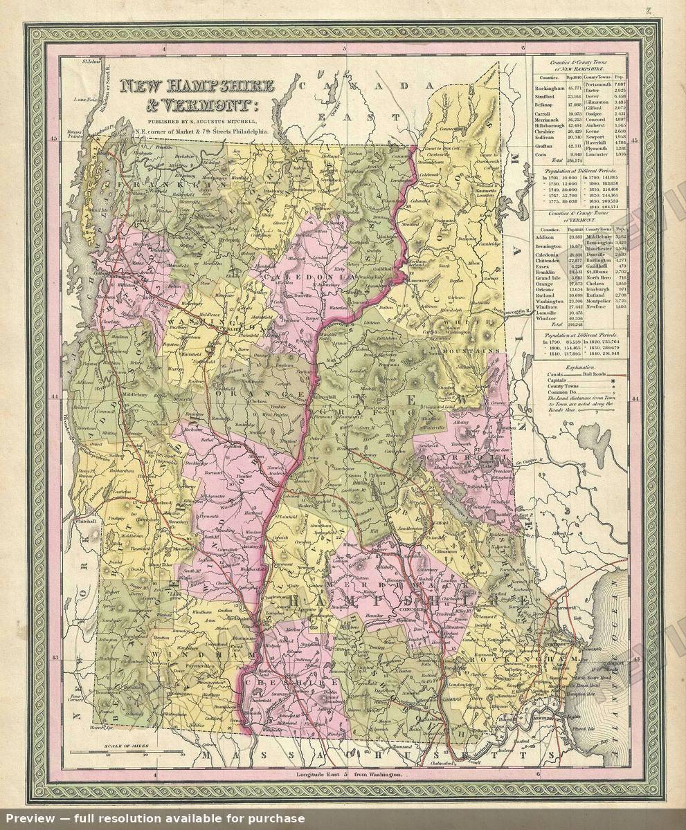 Antique map: New Hampshire Vermont, 1849, 1849