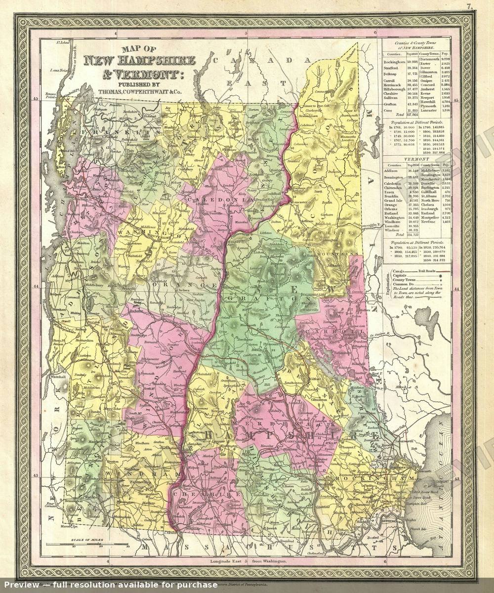 Antique map: New Hampshire Vermont, 1854, 1854