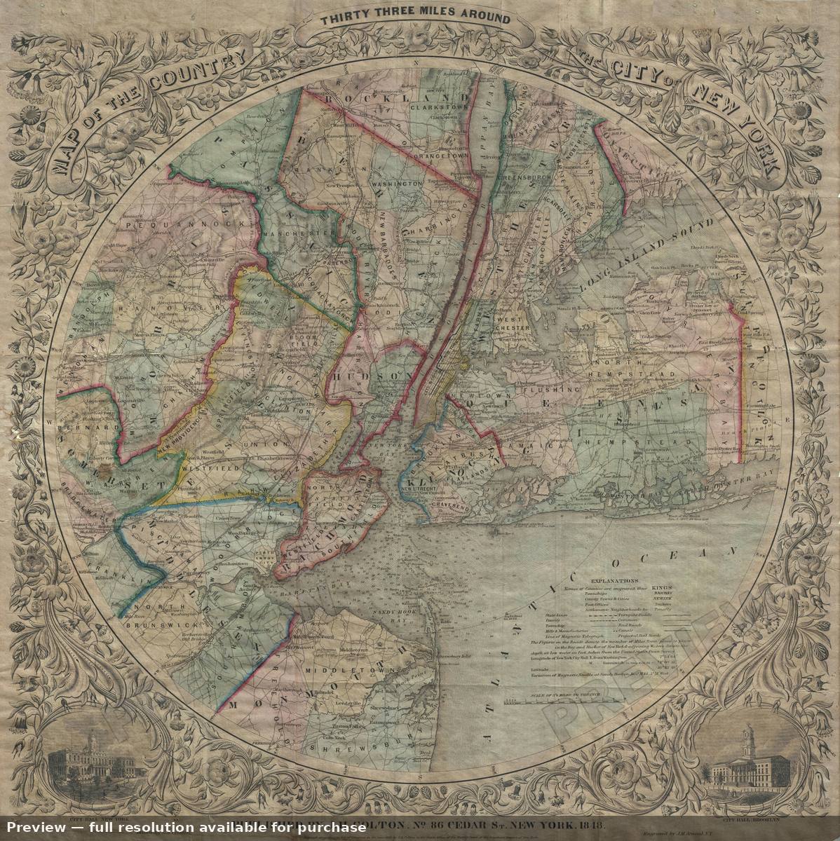 Antique map: New York 33Miles, 1848, 1848