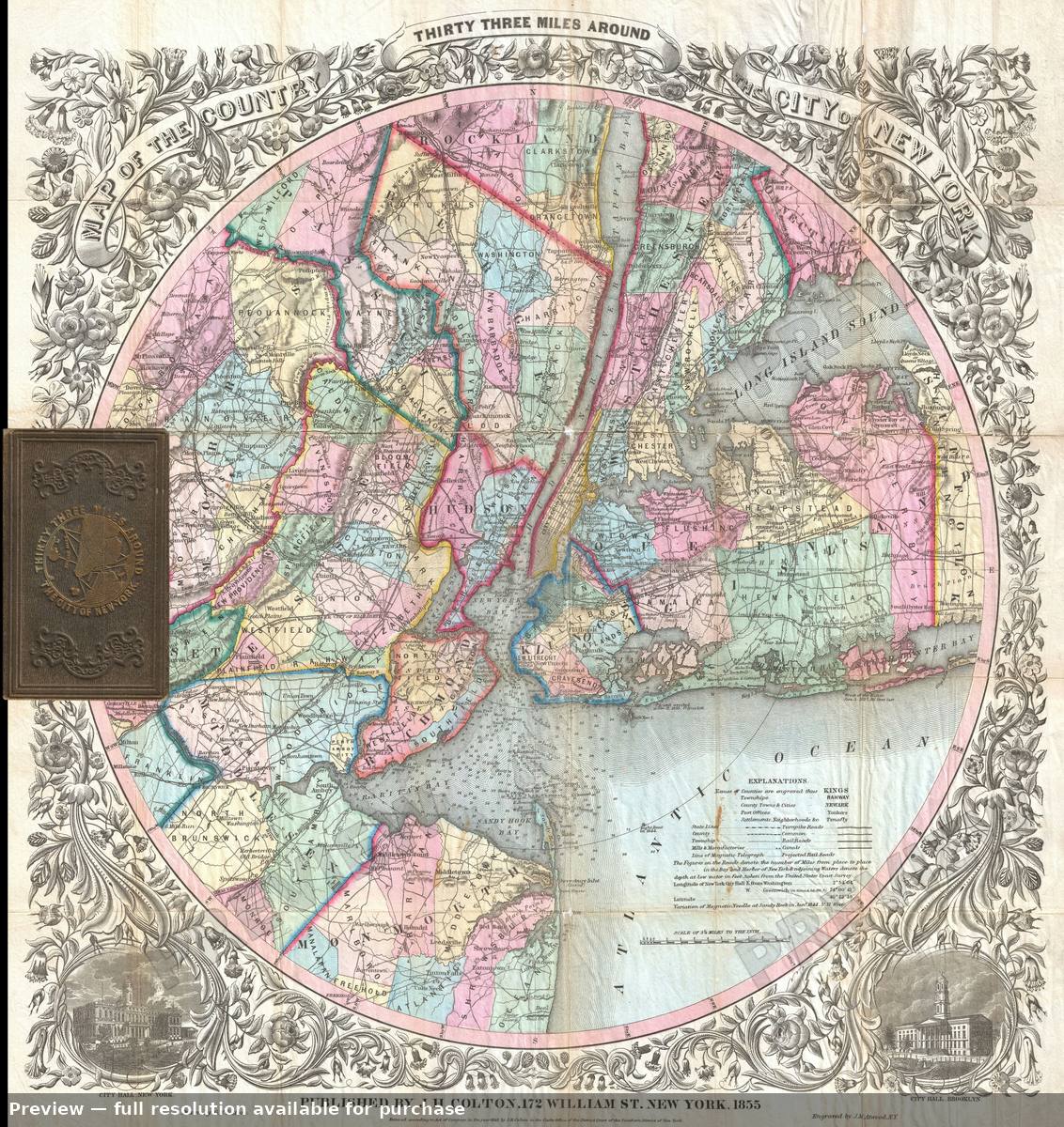 Antique map: New York 33Miles Around, 1855, 1855