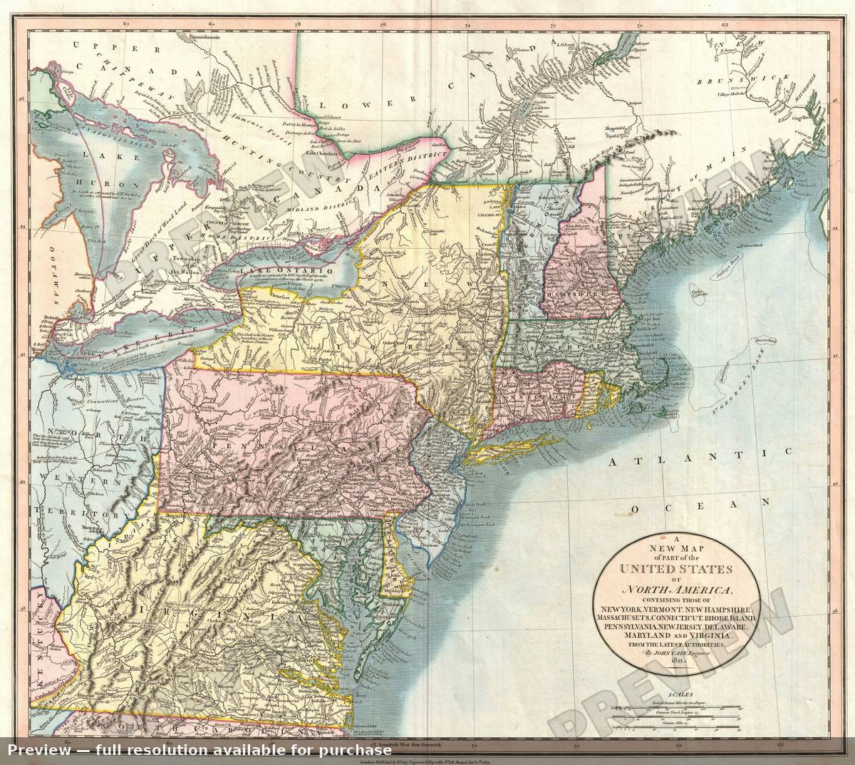 Antique map: New York New England, 1821