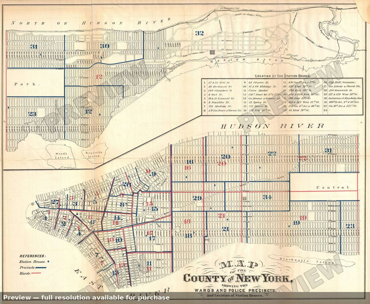 Antique map: New York Police Map, 1870