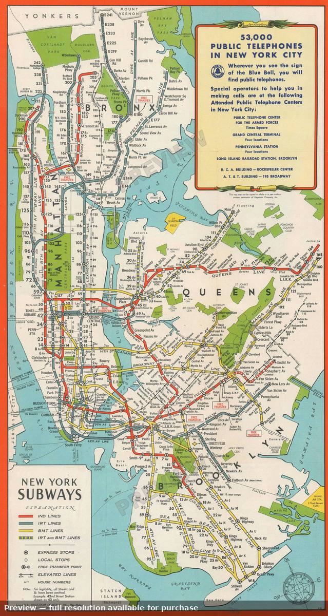 Antique map: New York Subways, 1944