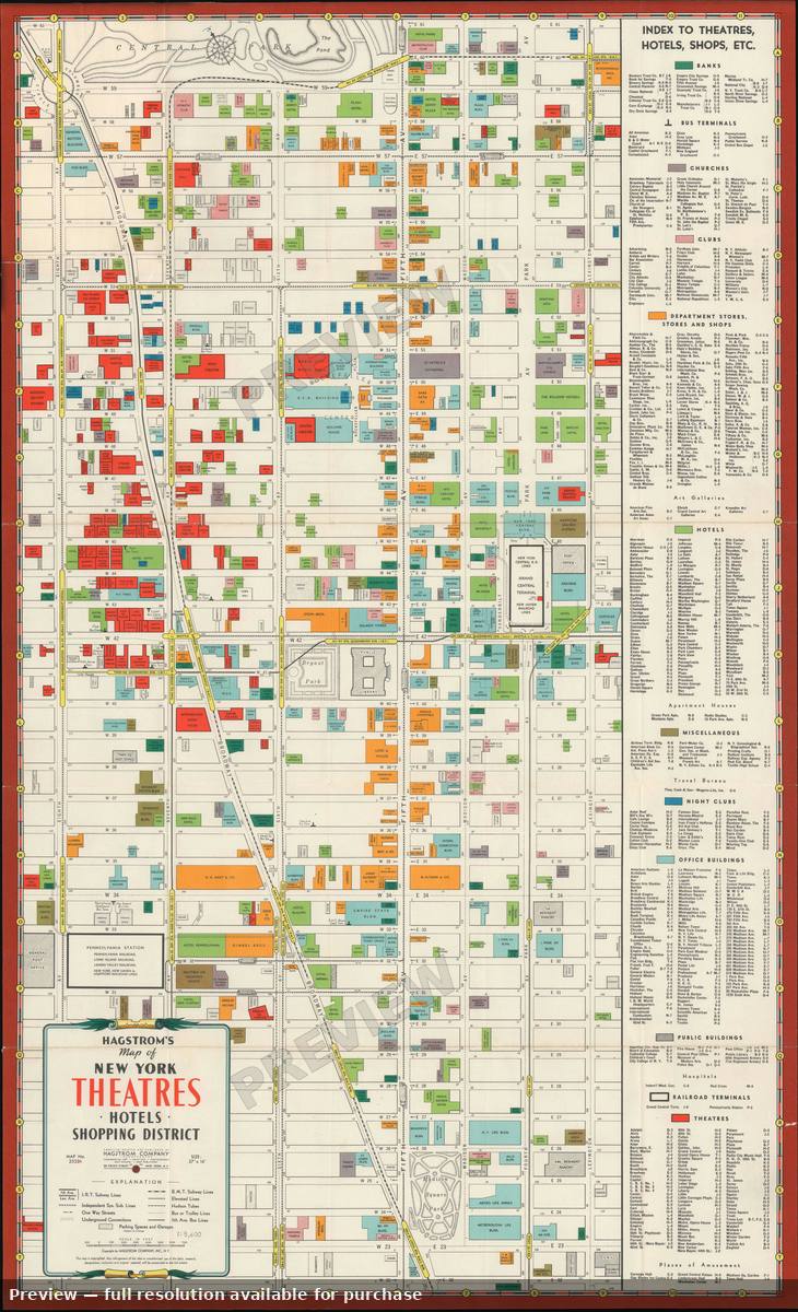 Antique map: New York Theatres, 1940