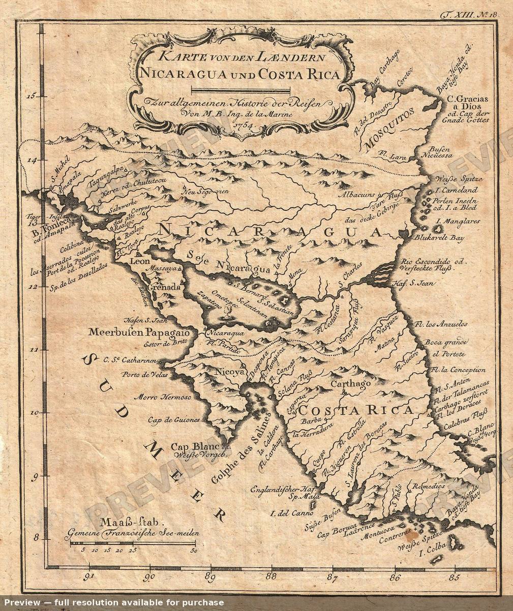 Antique map: Nicaragua Costa Rica, 1753, 1753