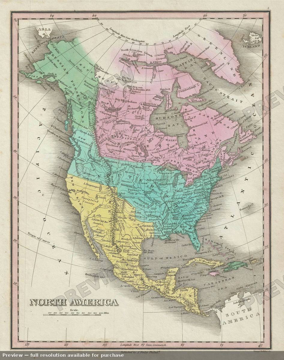 Antique map: North America, 1827