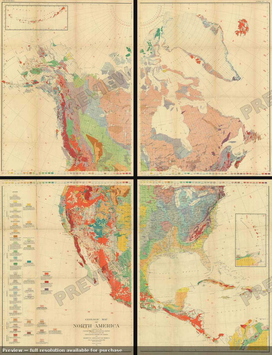 Antique map: North America Geological, 1911