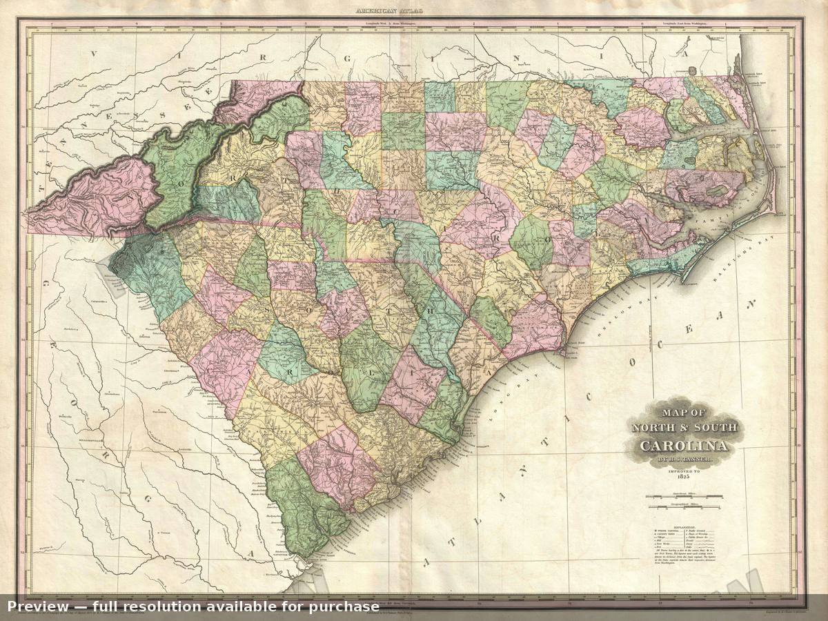 Antique map: North Carolina South Carolina, 1825, 1825