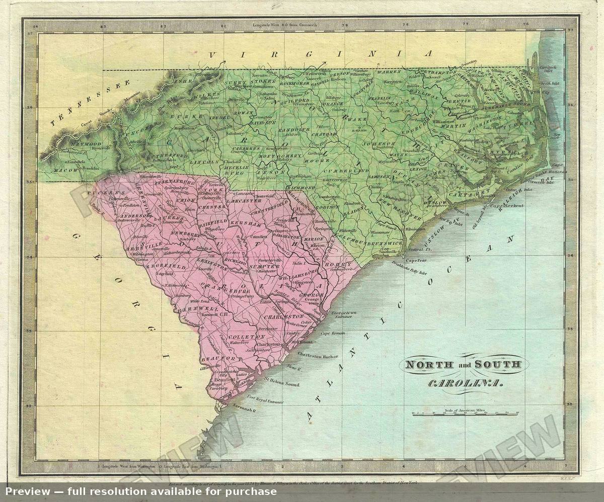Antique map: North South Carolina, 1835