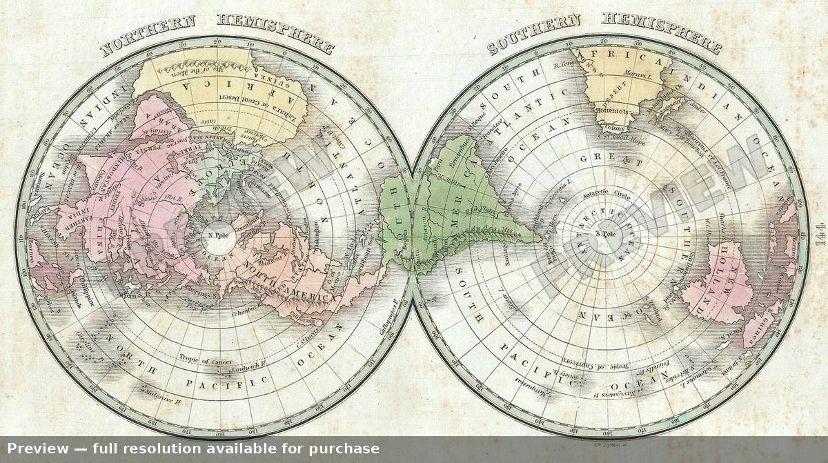 Antique map: Northern Southern Hemisphere, 1835
