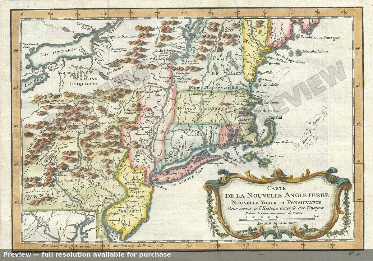 Antique map: Nouvelle Angle Terre, 1757, 1757