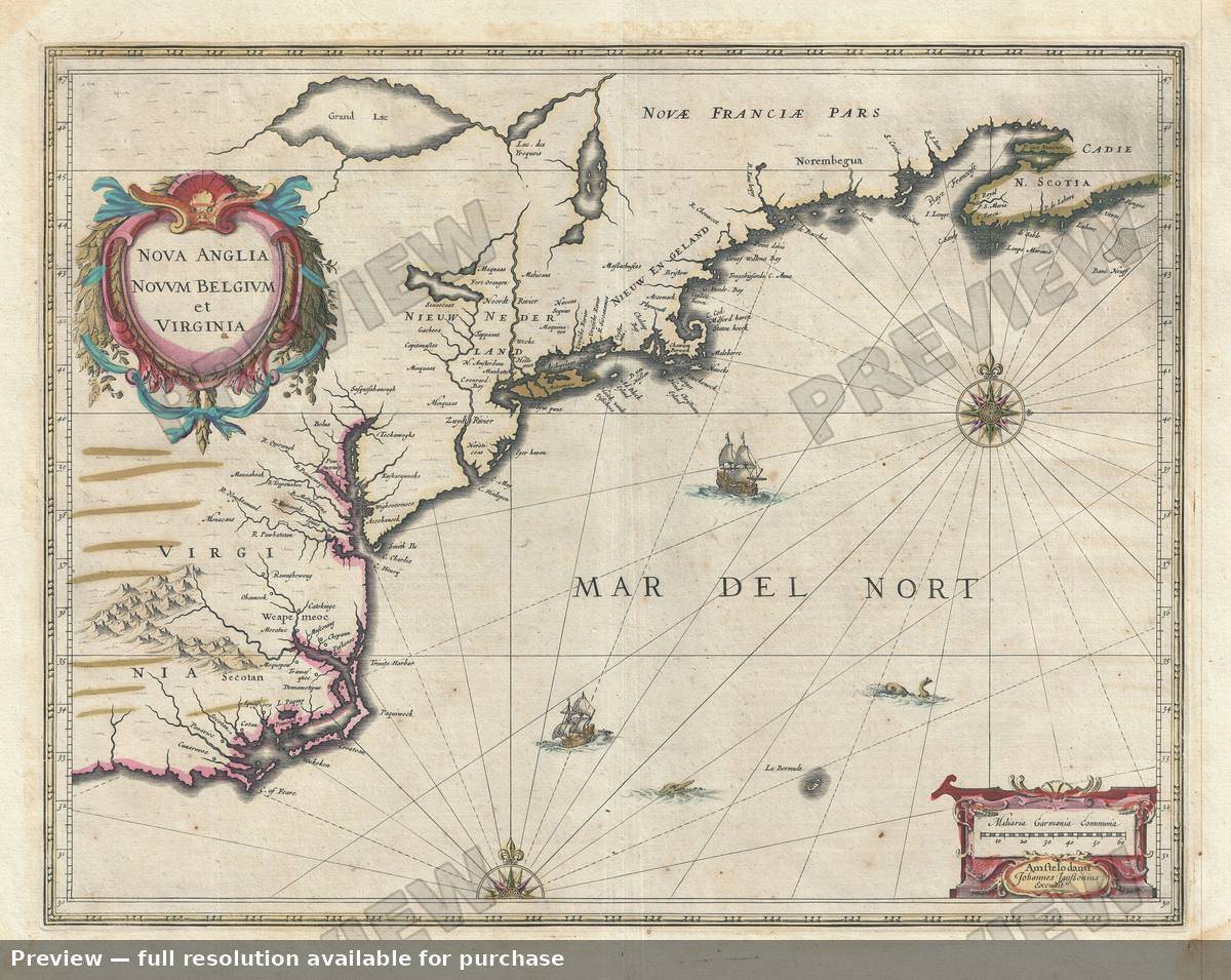 Antique map: Nova Anglia Novum Belgium Virginia 2, 1636, 1636