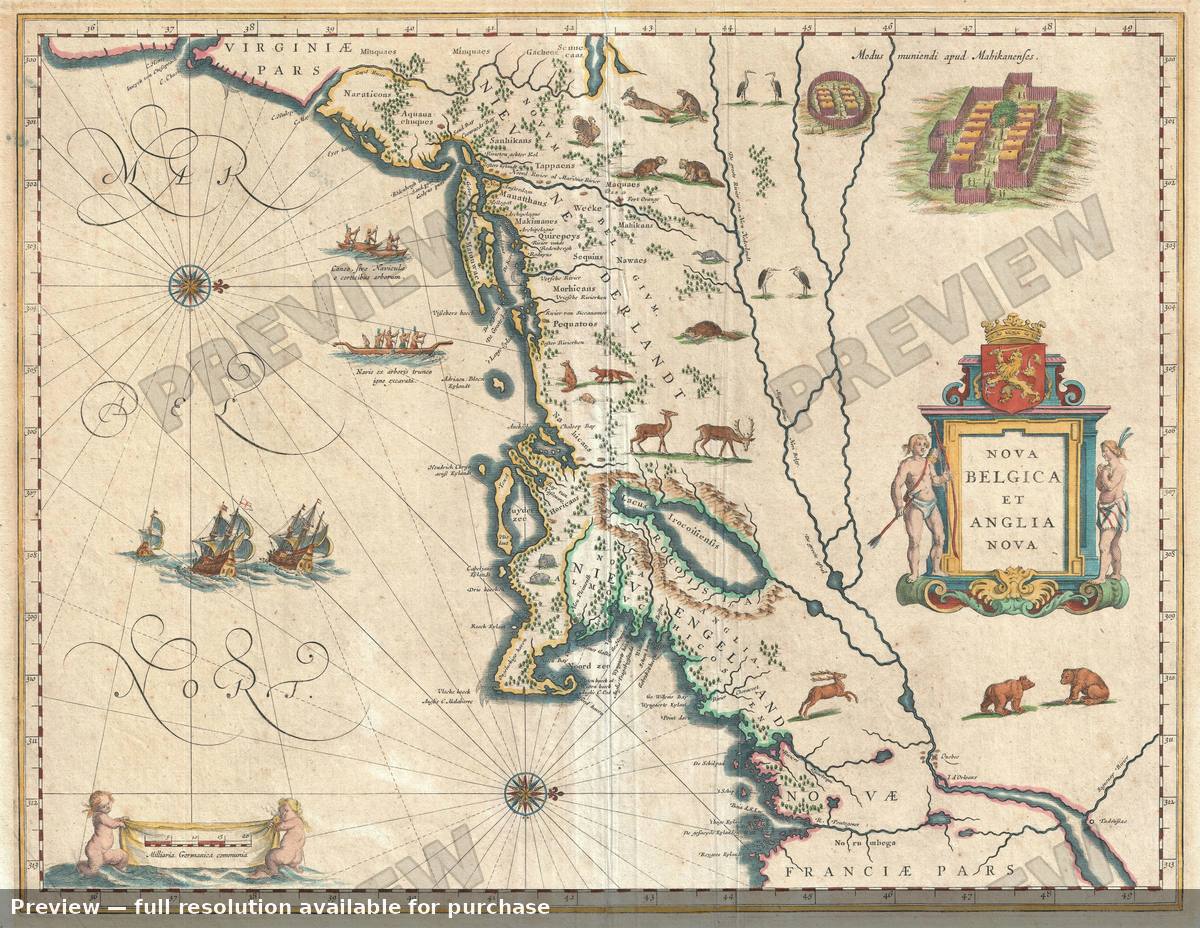 Antique map: Nova Belgicaet Anglia Novabv, 1635