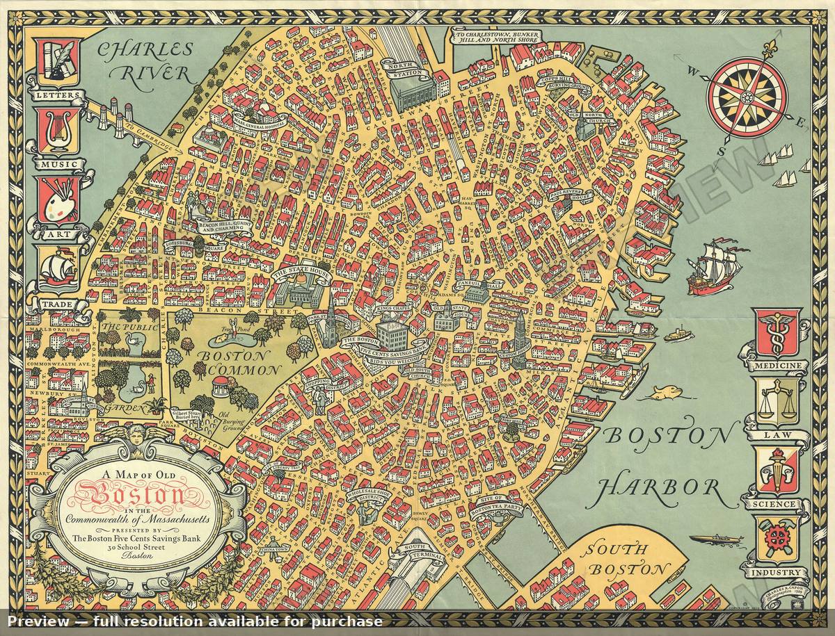 Antique map: Old Boston, 1929, 1929