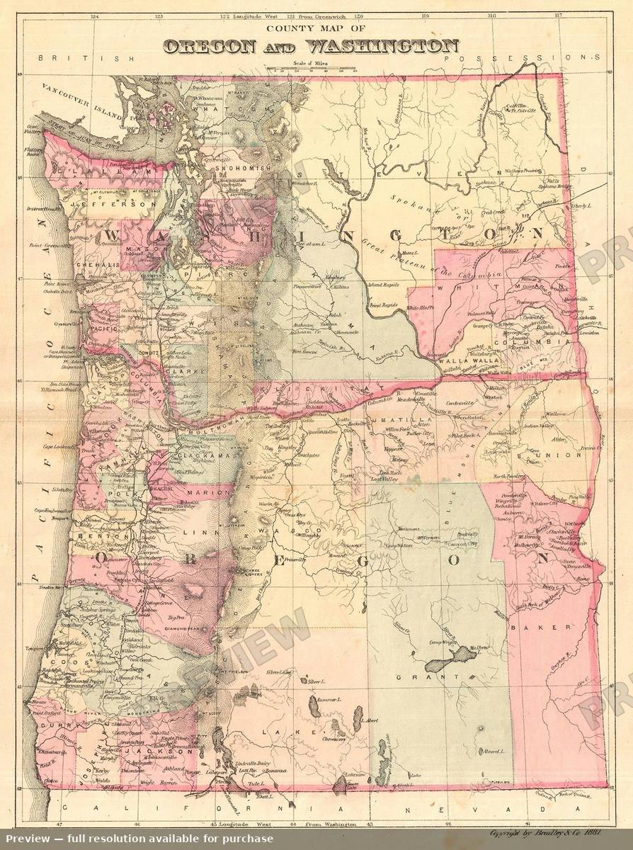 Antique map: Oregon Washington, 1881