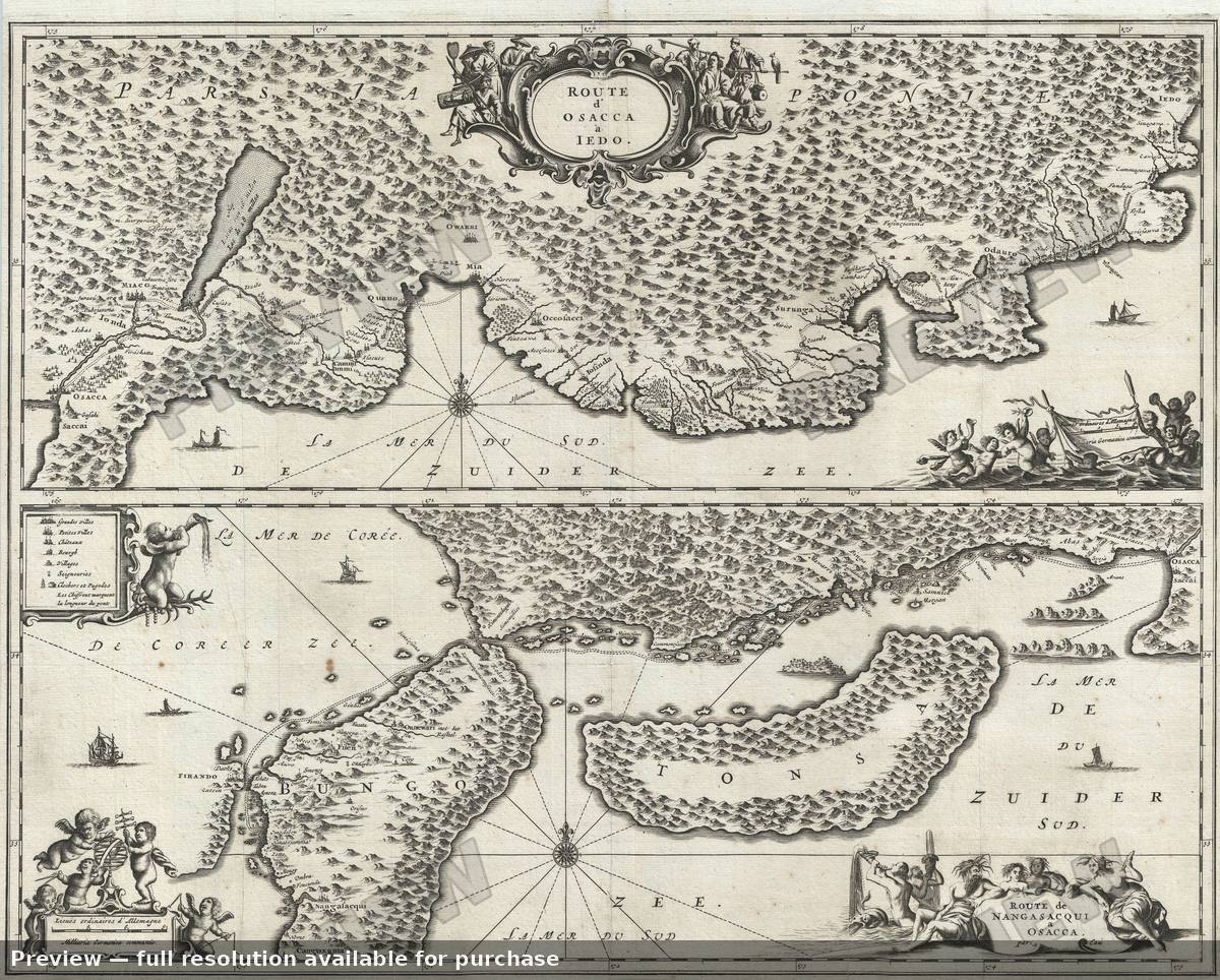 Antique map: Osacca Jedo Nangasacqui, 1669, 1669