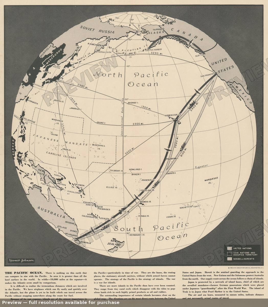 Antique map: Pacific Ocean, 1943, 1943