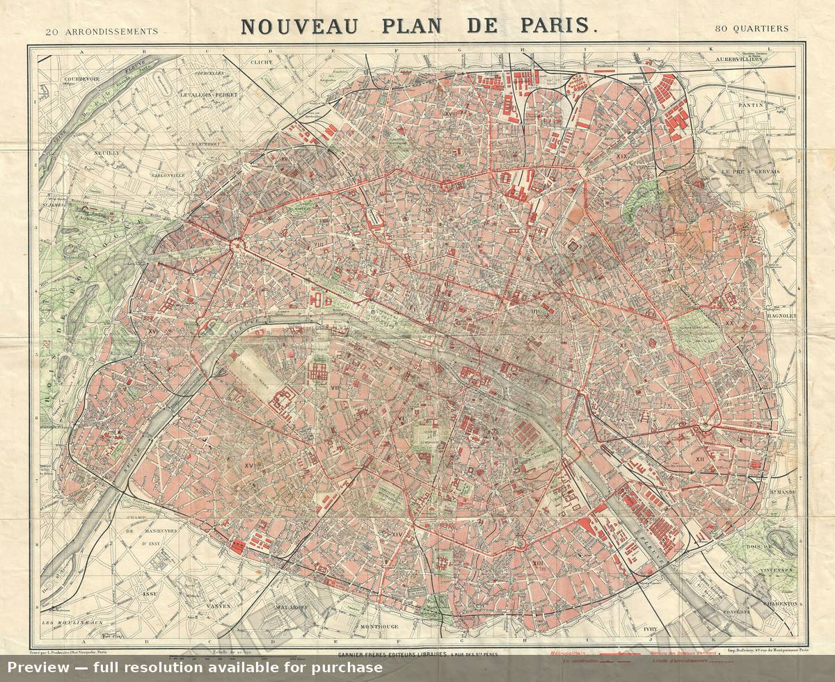 Antique map: Paris, 1908