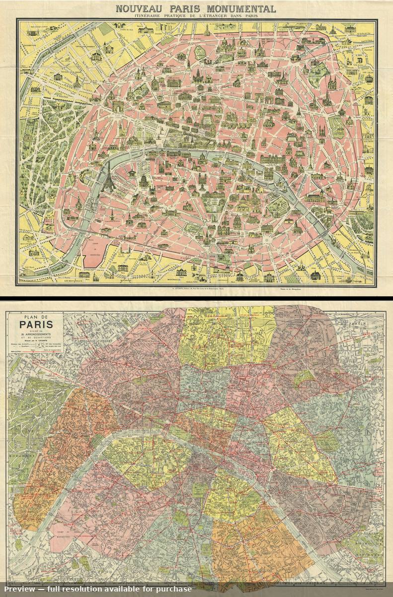 Antique map: Paris, 1946