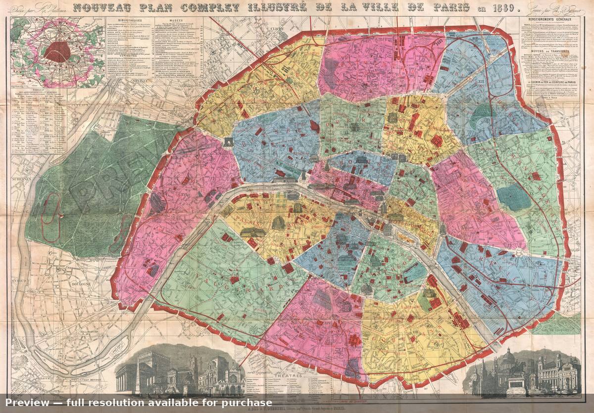 Antique map: Paris, 1889