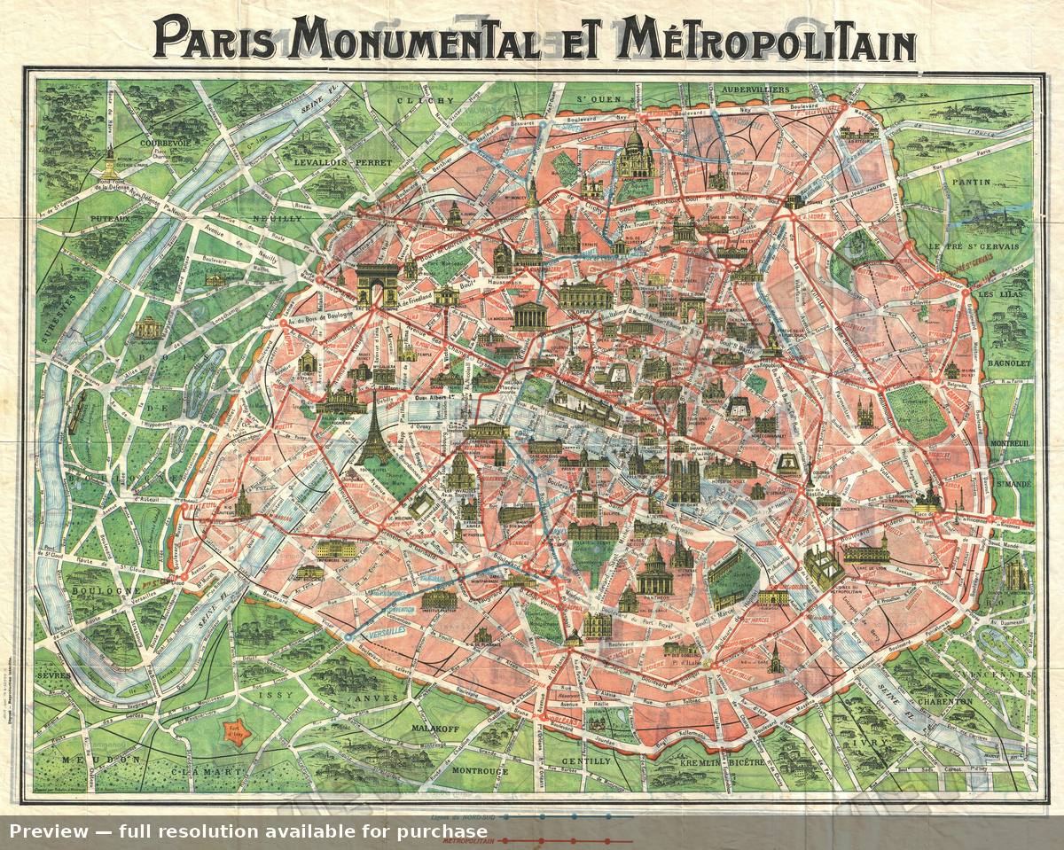 Antique map: Paris Monumental, 1920, 1920