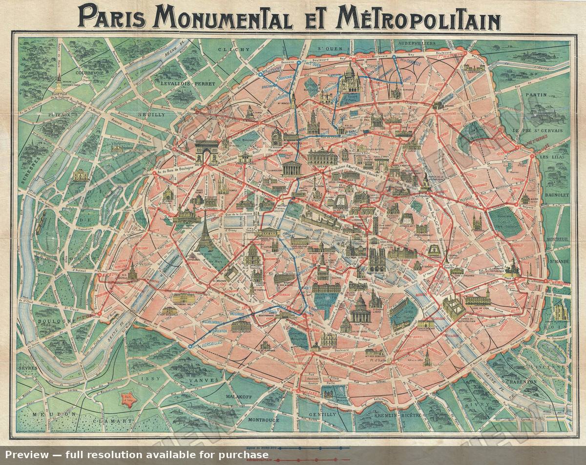 Antique map: Paris Monumental, 1920, 1920