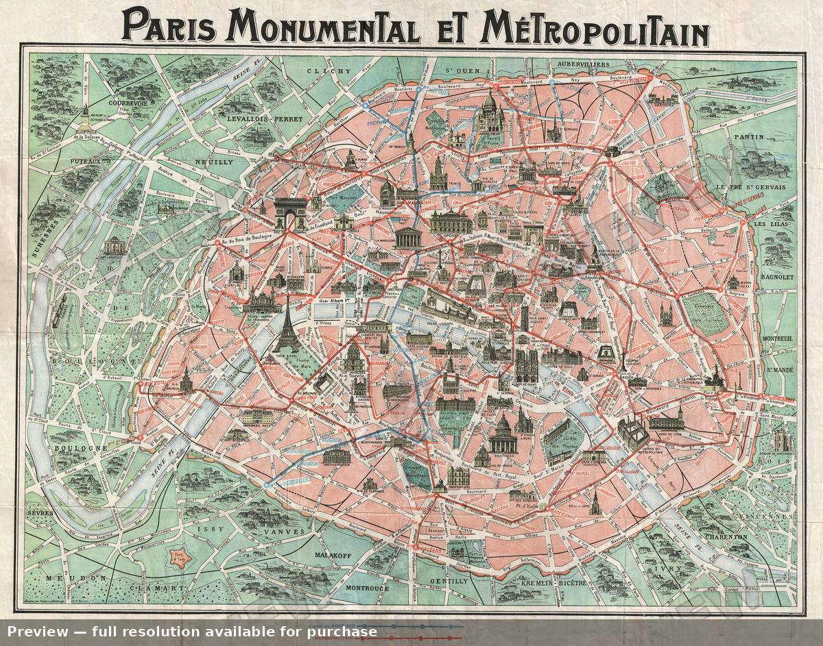 Antique map: Paris Monumental, 1932, 1932