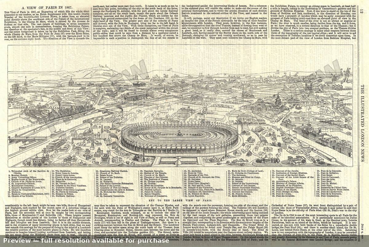 Antique map: Paris View, 1867