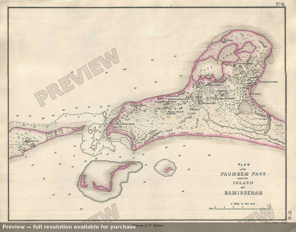 Antique map: Paumbem Pass Ramisseram, 1854