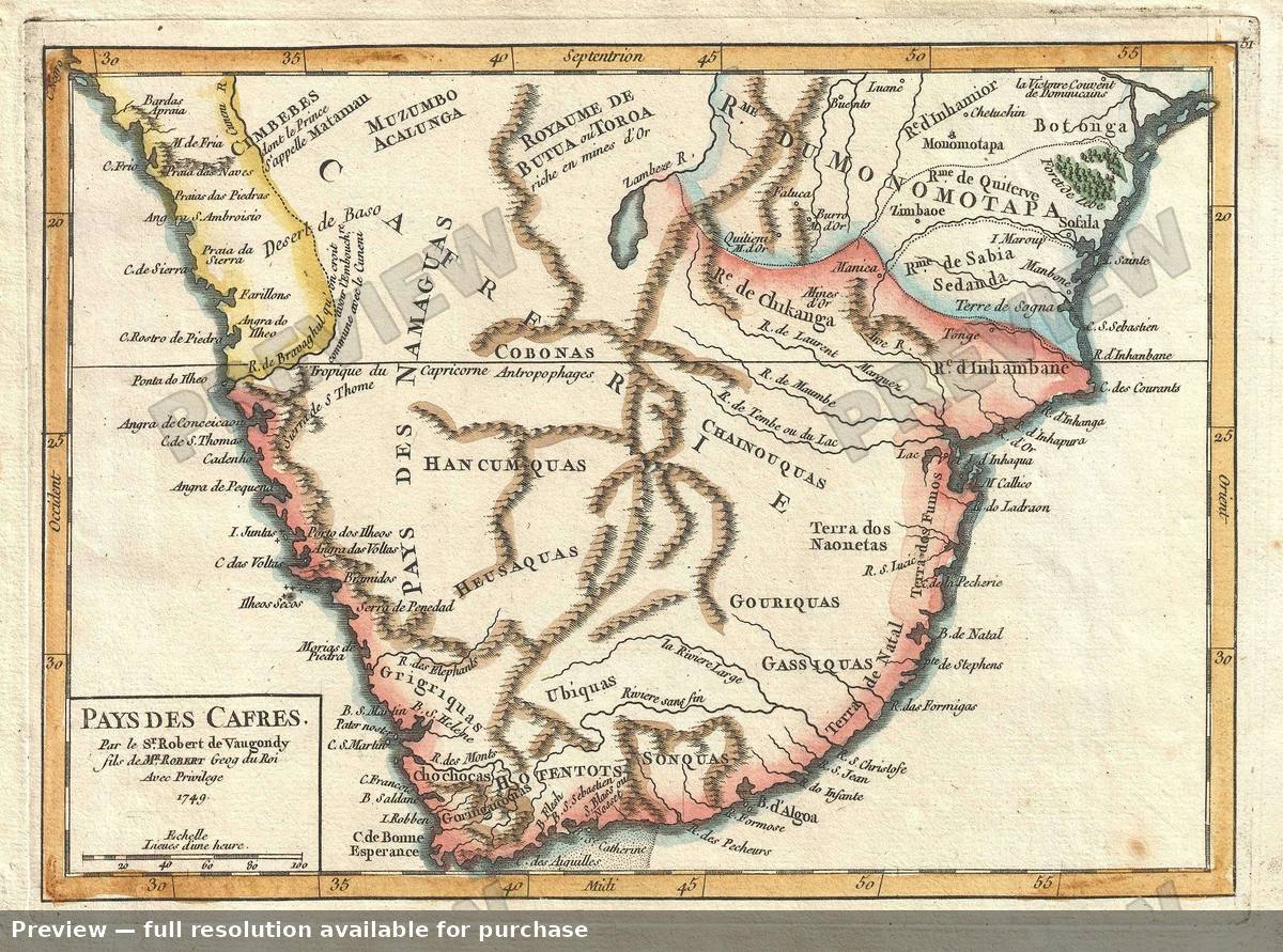 Antique map: Paysdes Cafres, 1749, 1749