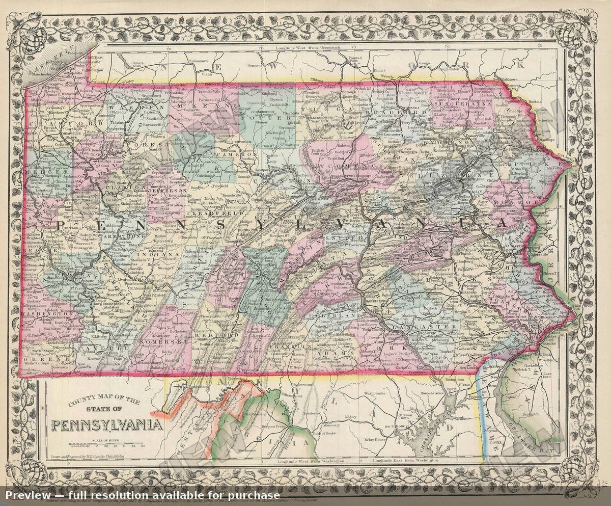 Antique map: Pennsylvania, 1867, 1867