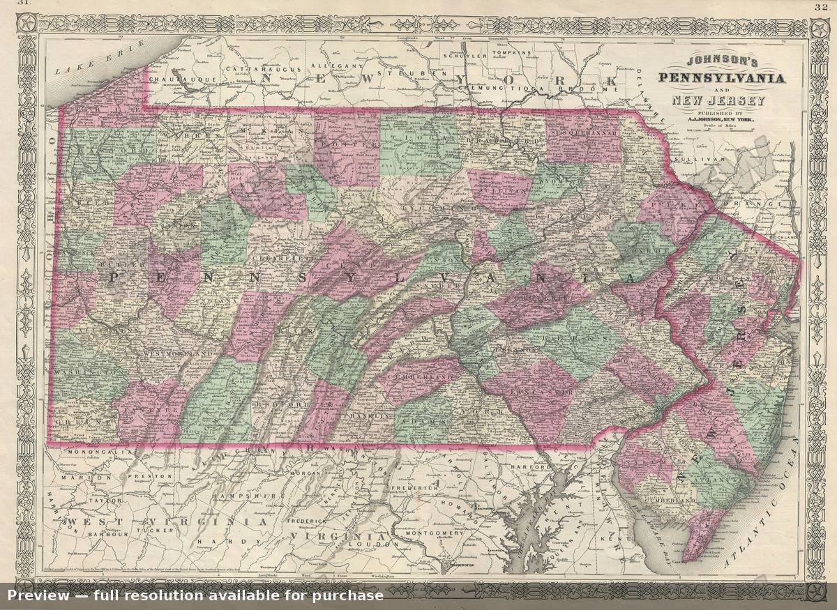 Antique map: Pennsylvania New Jersey, 1866, 1866