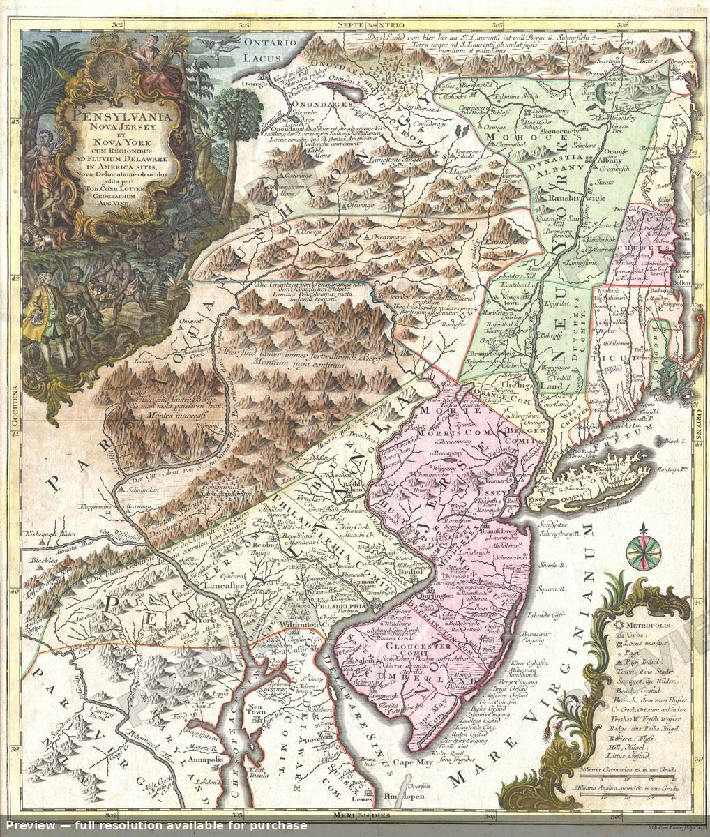 Antique map: Pensylvania Nova Jersey, 1756