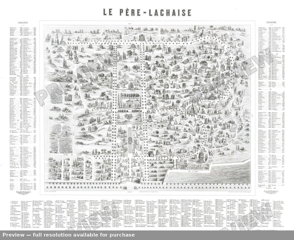 Antique map: Pere Lachaise, 1850, 1850