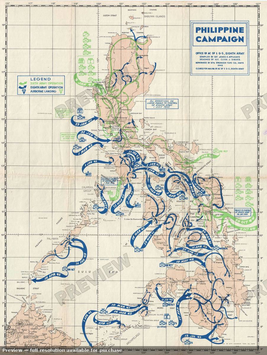 Antique map: Philippine Campaign 3, 1945