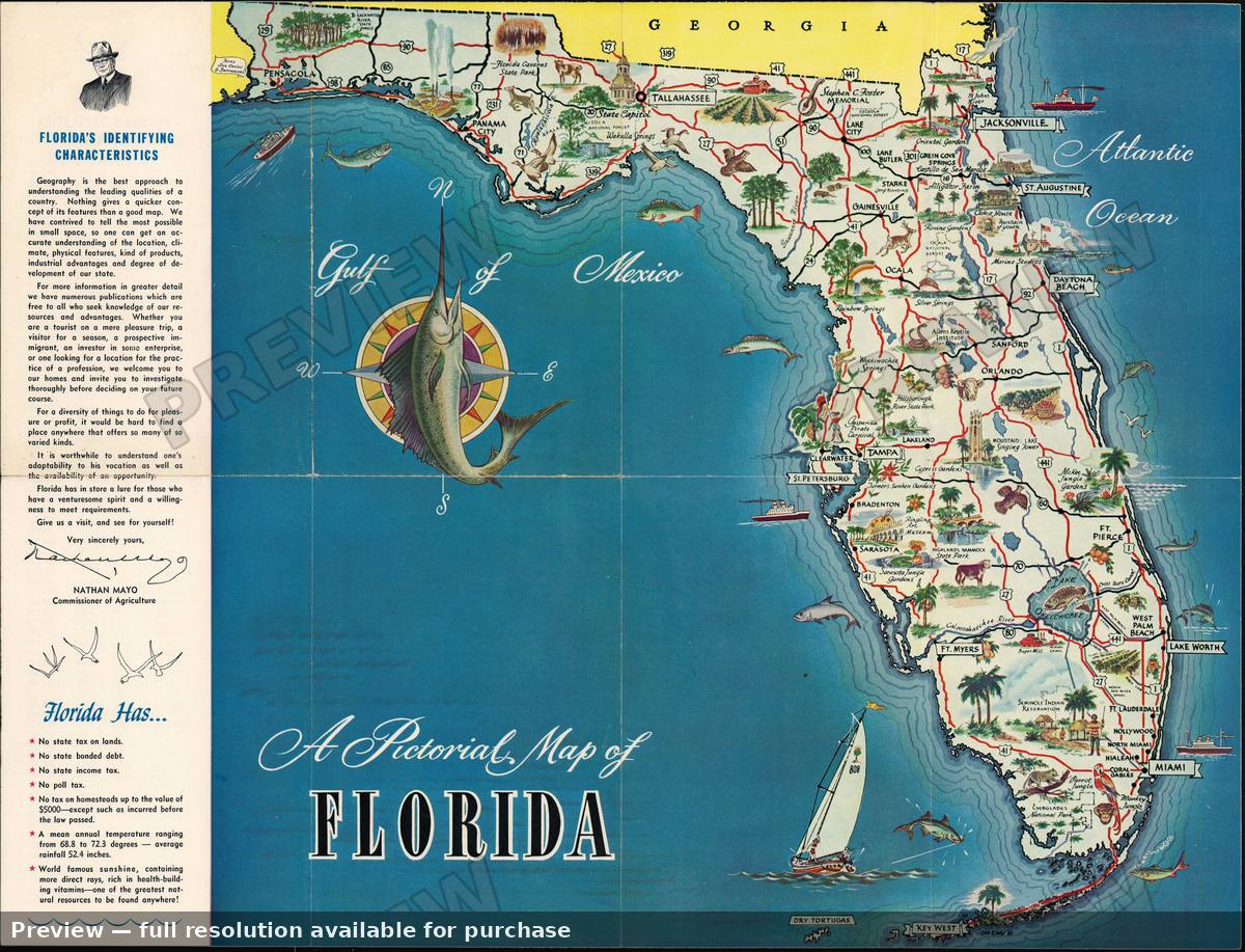 Antique map: Pictorial Florida, 1954, 1954