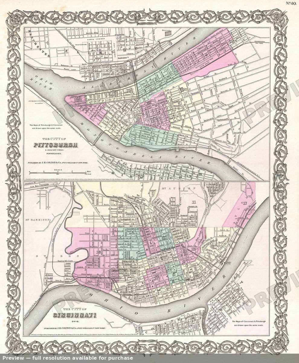 Antique map: Pittsburgh Cincinnati, 1855, 1855
