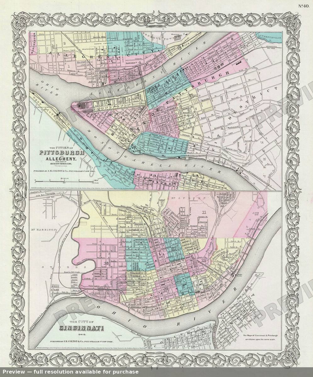 Antique map: Pittsburgh Cincinnati, 1856, 1856