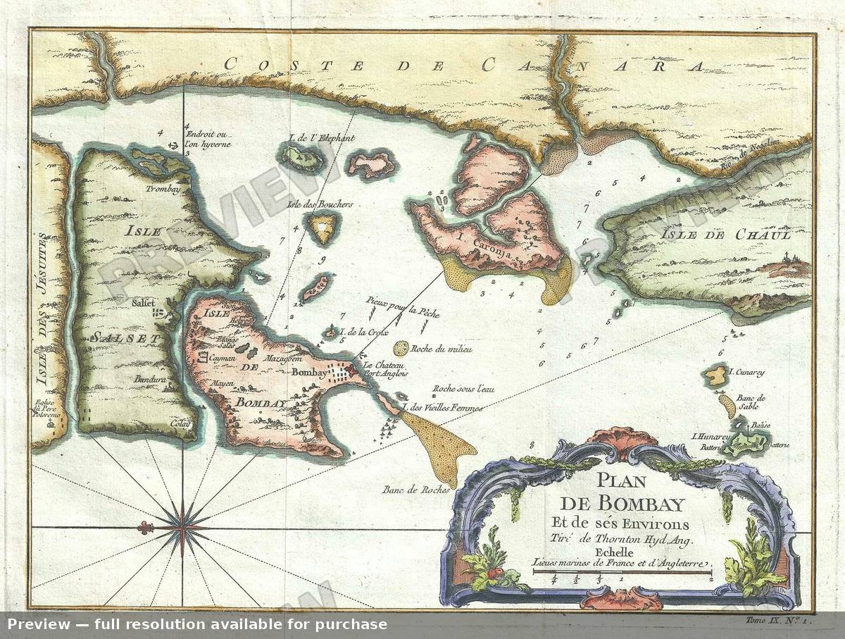 Antique map: Plande Bombay, 1750, 1750
