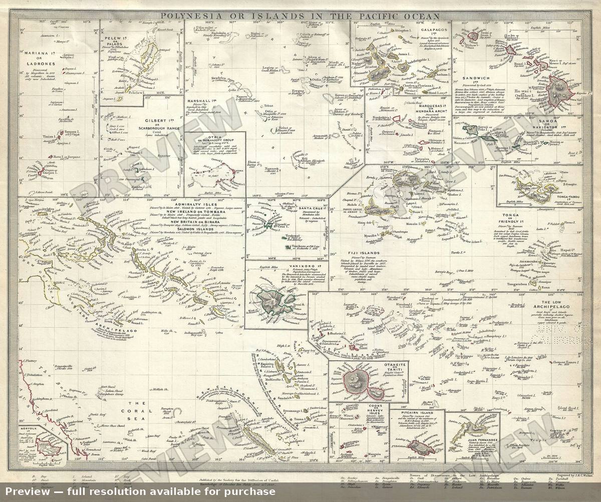 Antique map: Polynesia, 1844, 1844
