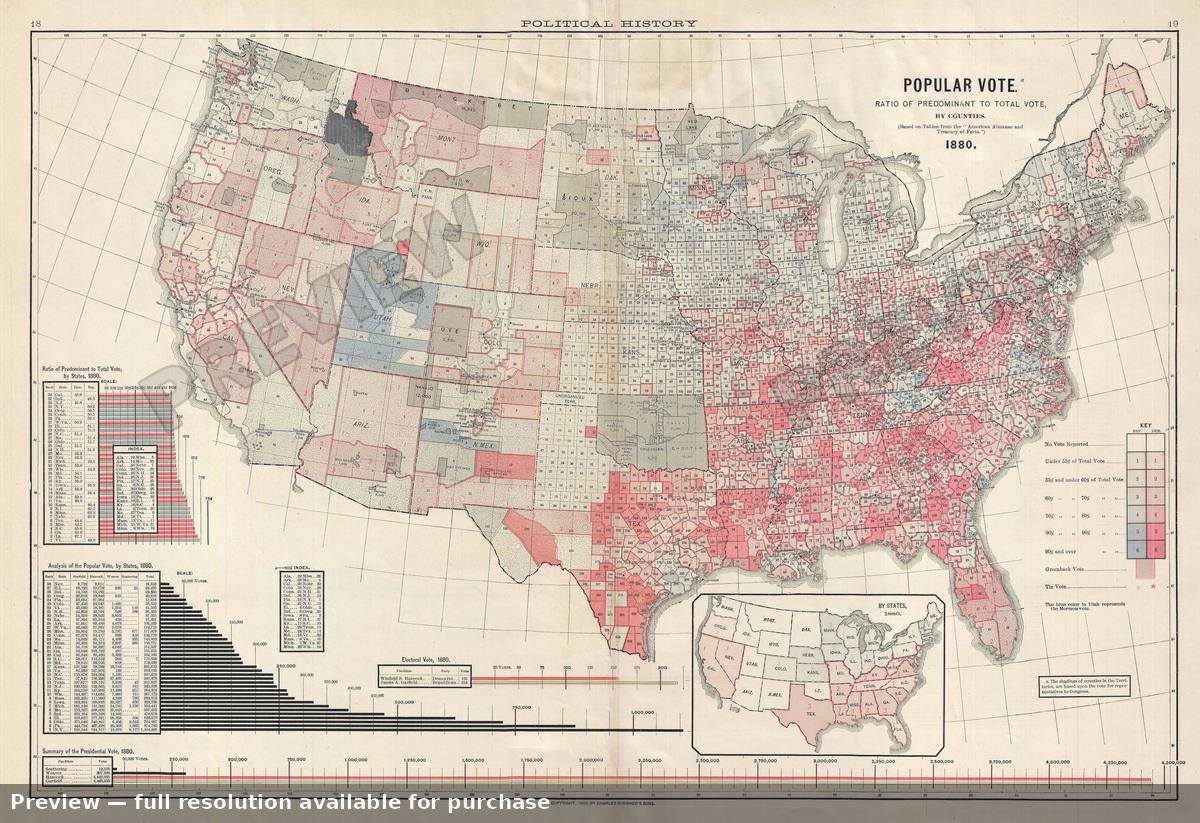Antique map: Popular Vote 1880, 1883, 1883