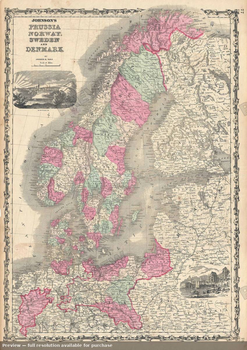 Antique map: Prussia Norway Sweden, 1862, 1862
