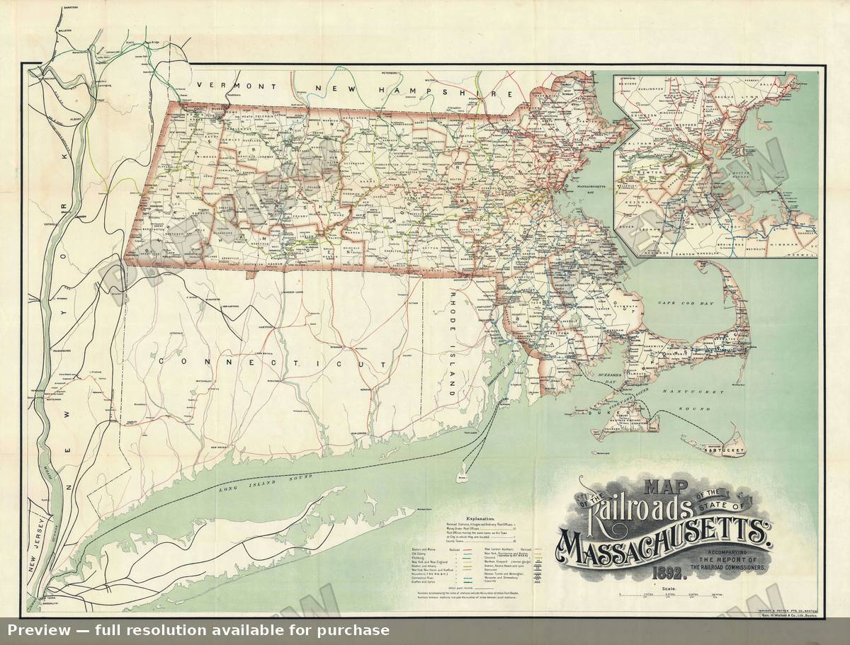 Antique map: Railroads Massachusetts, 1892, 1892