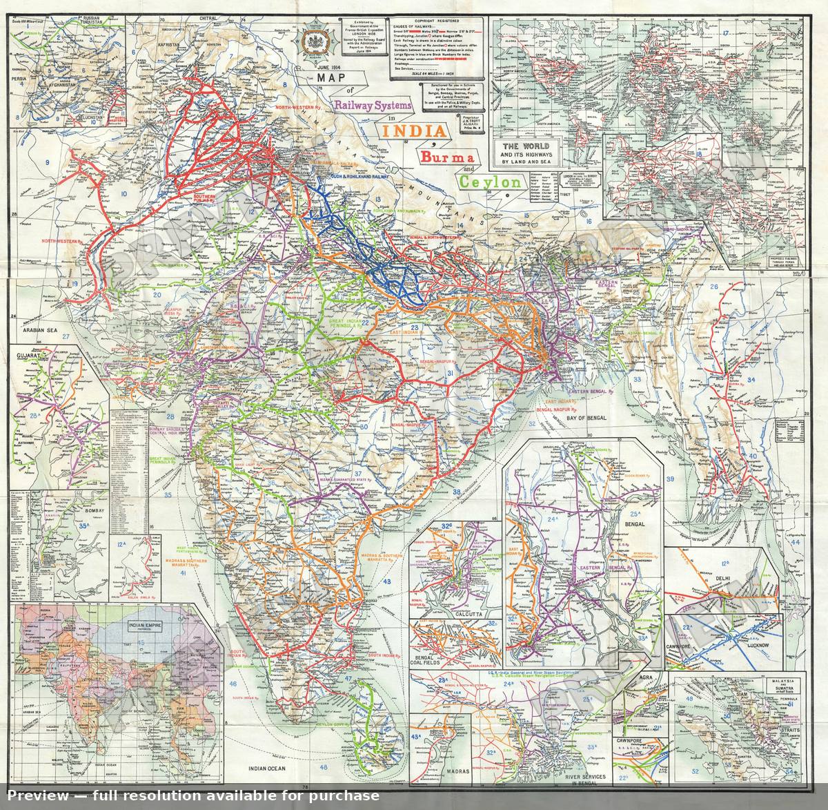 Antique map: Railway India, 1914, 1914