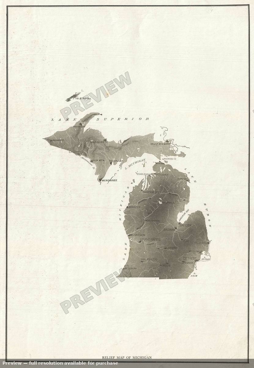 Antique map: Relief Michigan, 1890, 1890