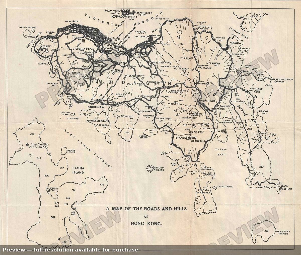 Antique map: Roads Hills Hong Kong, 1920, 1920