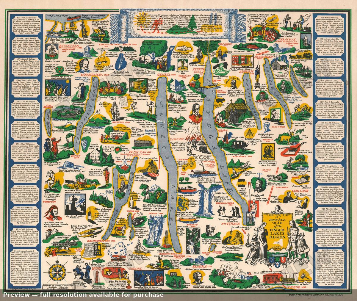 Antique map: Romance Finger Lakes, 1955, 1955