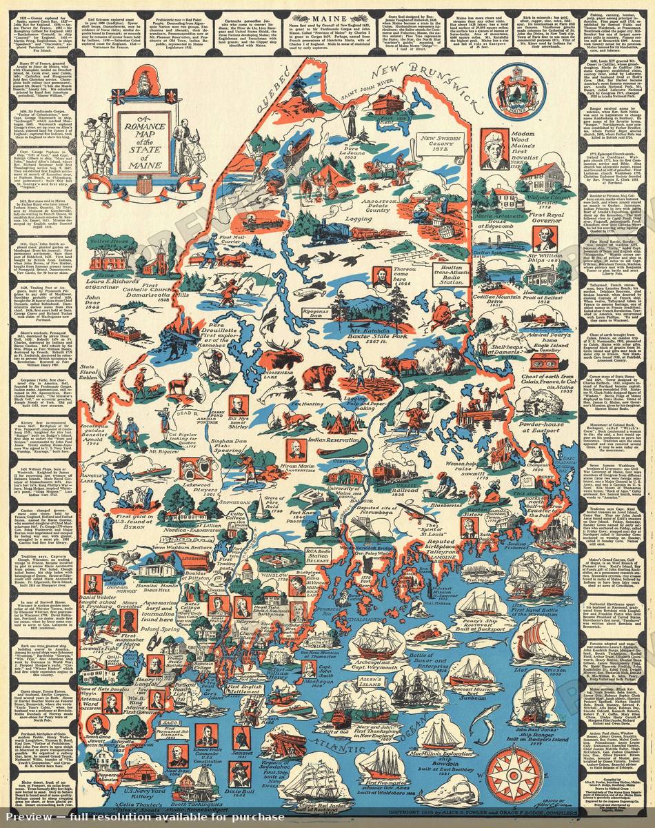 Antique map: Romance Maine, 1936, 1936