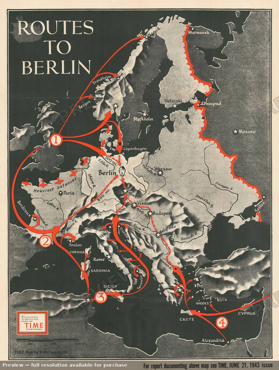 Antique map: Routes To Berlin, 1943, 1943